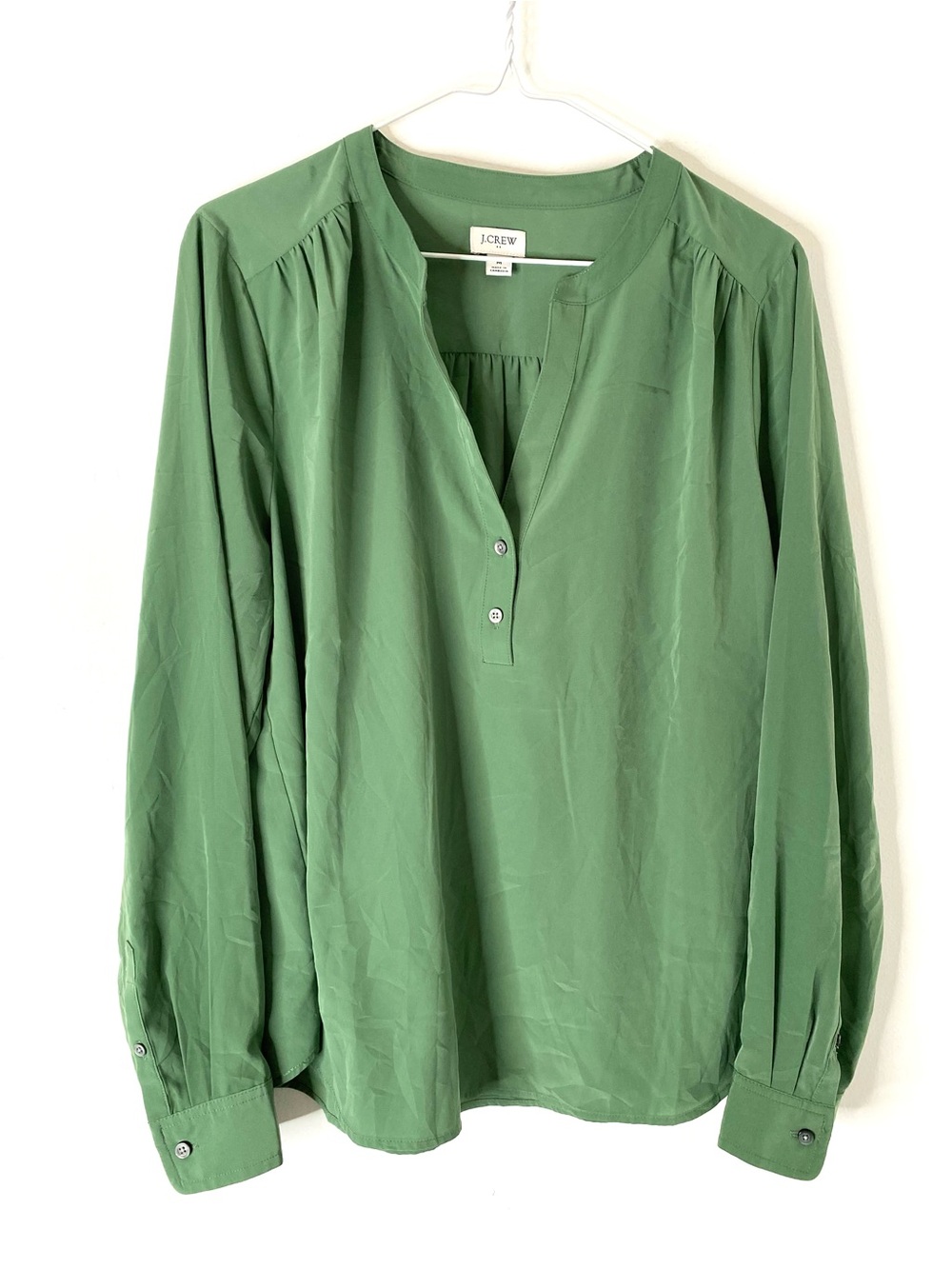 J. Crew Gatlin Green Popover Placket Blouse Gathered Long Sleeve Workwear Top